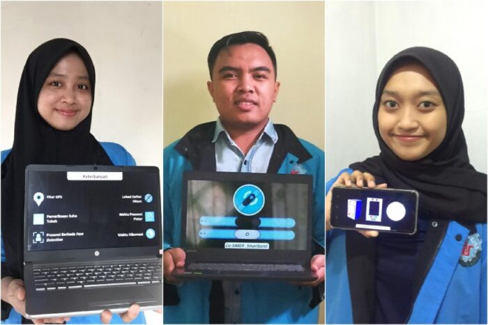 (dari kiri) Mia Dwi Susanti, Eko Rian Fauzi dan Arinditya Berlinda menunjukkan fitur yang ada pada alat Smartband dan Smart Detector karya timnya | Ist