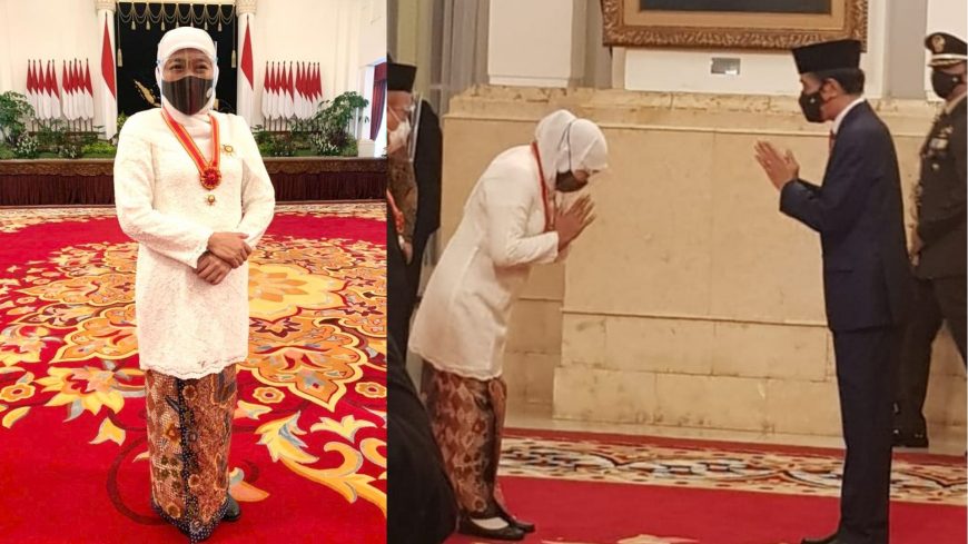 Gubernur Khofifah saat menerima Anugerah Bintang Mahaputera Utama dari Presiden Jokowi di Istana Negara | Ist