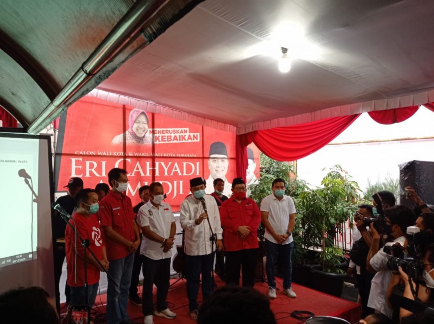 Eri Cahyadi saat deklarasi kemenangan versi hitung cepat/bicarasurabaya.com