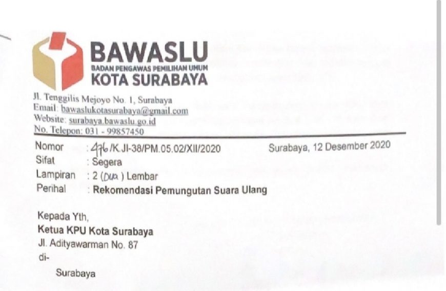 Foto tangkapan layar surat Bawaslu Surabaya terkait rekomendasi PSU /Ist