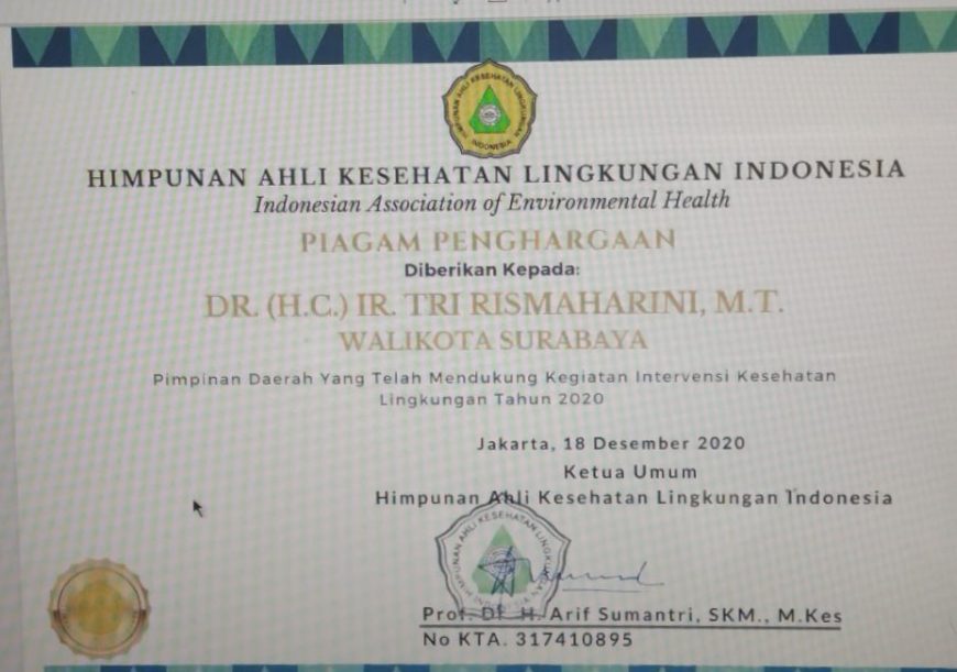 Penghargaan yang diterima Bu Risma dari HAKLI/ist