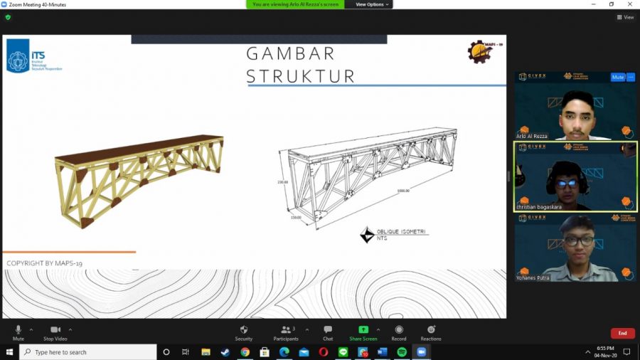 Para anggota tim MAPS-19 ITS saat mempresentasikan secara virtual jembatan karyanya pada ajang Dynamic Load Bridge Competition (DLBC) 2020 /Ist