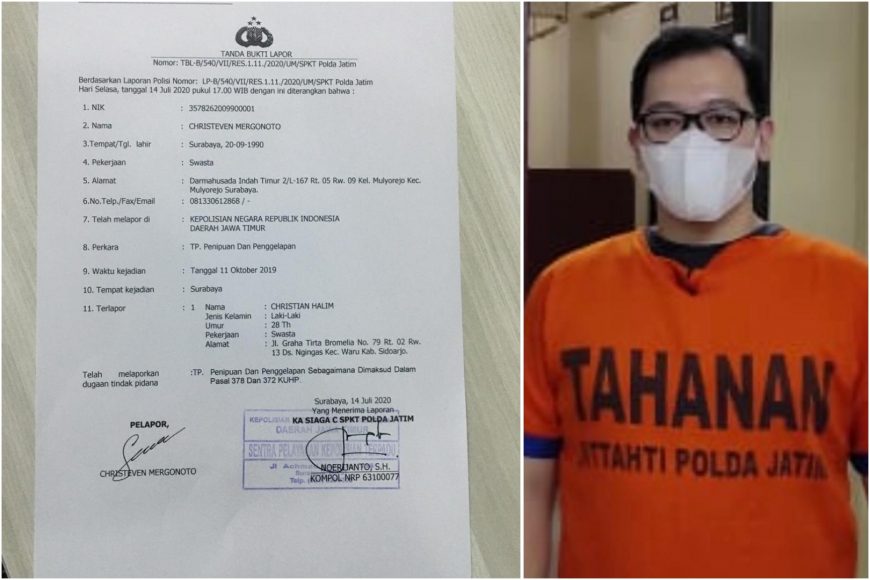 Tanda bukti laporan kepolisian beserta tersangka saat diamankan di Mapolda Jatim /Ist