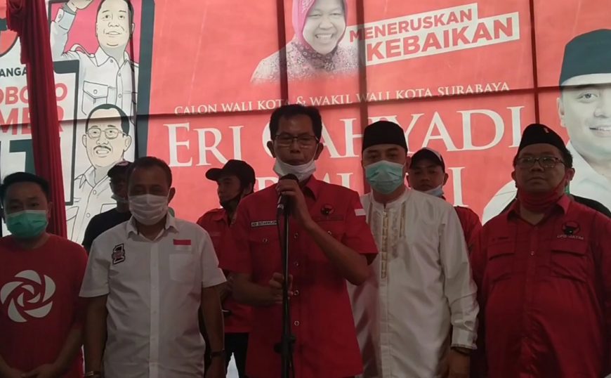 Ketua DPC PDIP dan Eri-Armuji saat jumpa pers kemenangan versi hitung cepat/ist