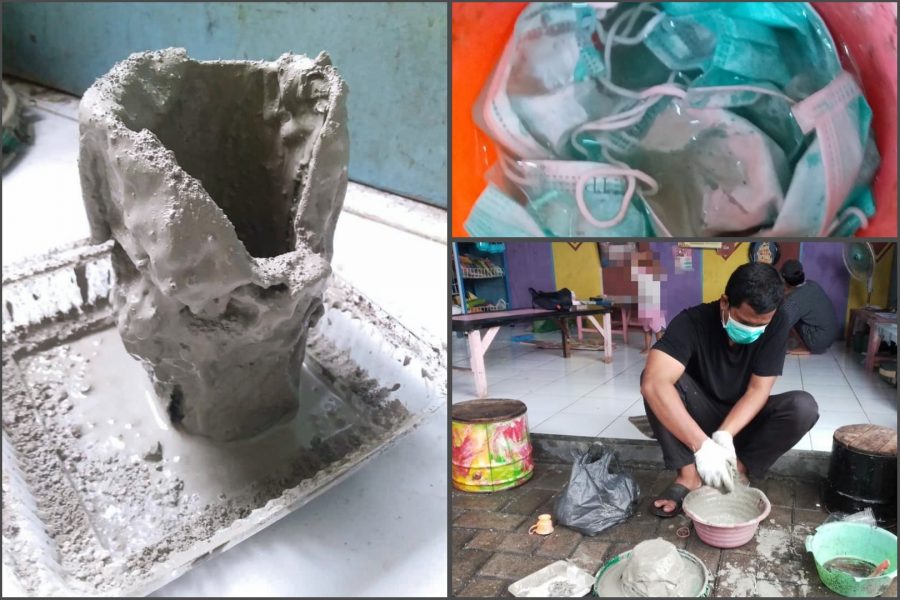 Proses daur ulang masker bekas menjadi produk pot bunga /Ist