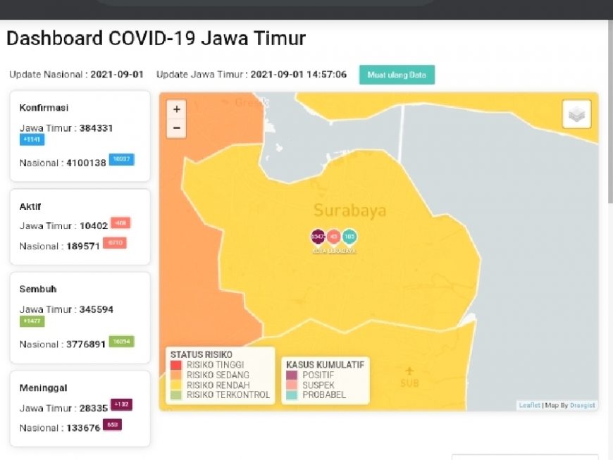 Tangkapan layar peta sebaran Covid-19 Jawa Timur /Bicara Surabaya