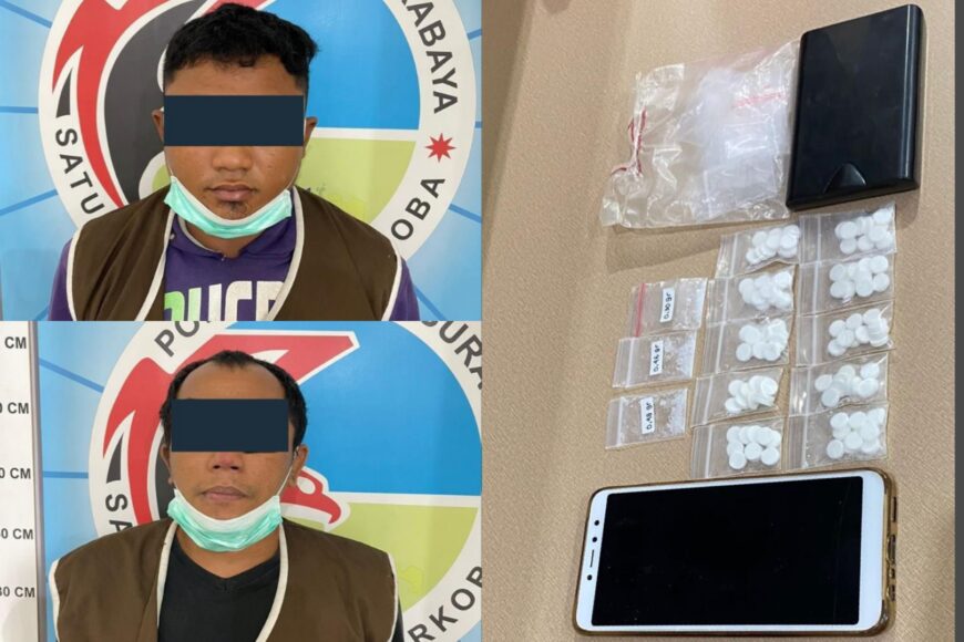 Dua pelaku beserta barang bukti narkoba saat diamankan di Mapolrestabes Surabaya /Ist