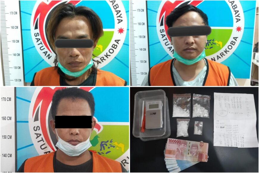 Tiga pecandu narkoba beserta barang bukti yang diamankan pihak kepolisian /Ist