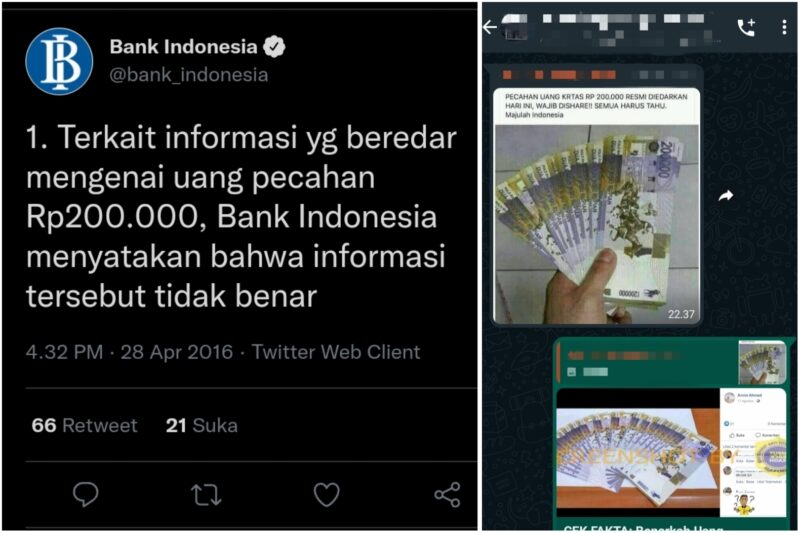 Screenshot: (kanan) kabar hoax uang pecahan Rp 200 ribu di salah satu grup whatsapp dan penjelasan dari Bank Indonesia (kiri) /Bicara Surabaya