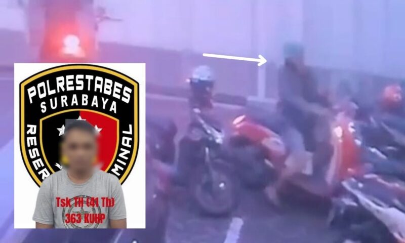Pelaku saat diamankan petugas kepolisian beserta tangkapan layar aksi pencurian motor di parkiran rumah kos /Ist
