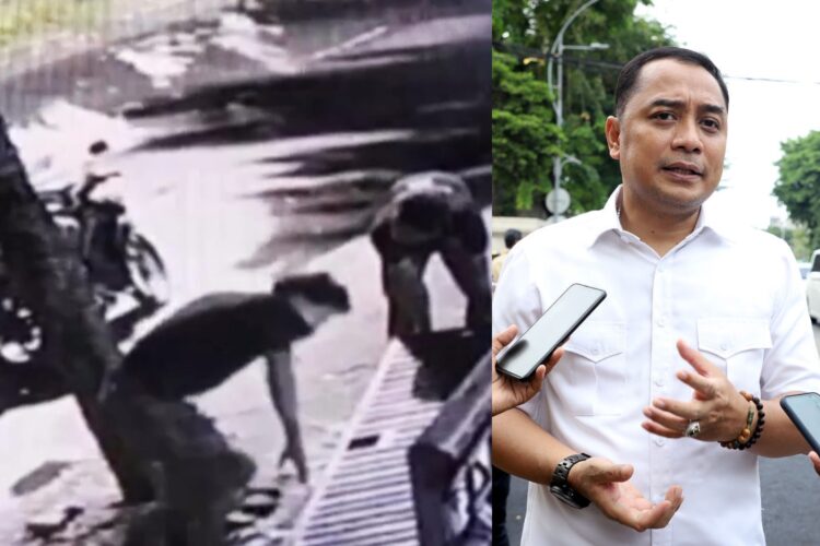 Aksi pencurian besi penutup saluran air yang terekam kamera CCTV (kiri) dan Wali Kota Surabaya Eri Cahyadi (tangkapan layar IG/Eri Cahyadi)