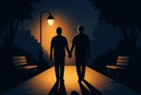 Ilustrasi: Dua orang pria sedang berjalan di taman (Cre-AI: Bicara Surabaya)