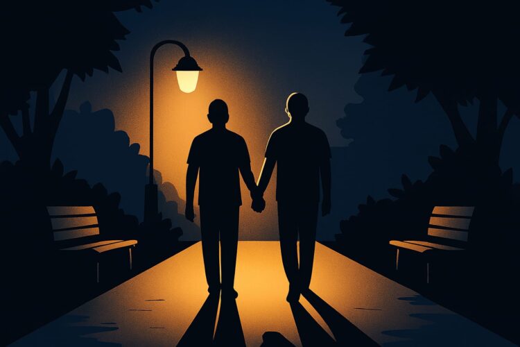 Ilustrasi: Dua orang pria sedang berjalan di taman (Cre-AI: Bicara Surabaya)