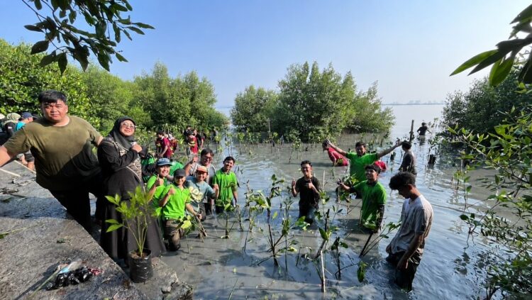 Dosen dan mahasiswa UPN Veteran Jatim saat menanam bibit mangrove/dok.bicarasurabaya.com