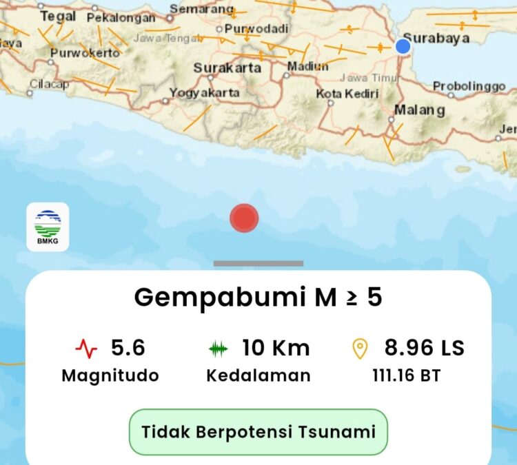 Pukul 14.47, Sabtu (27/6) Pacitan diguncang Gempa M 5.6. (Foto Tangkapan layar BMKG)