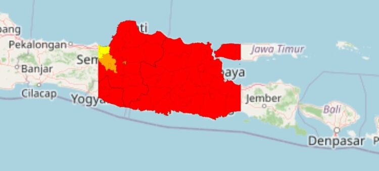Peta kekeringan dan panas panjang yang diprediksi BMKG terjadi di 36 kabupaten/kota di Jawa Timur terjadi hingga awal Desember 2026. (Foto: BMKG)